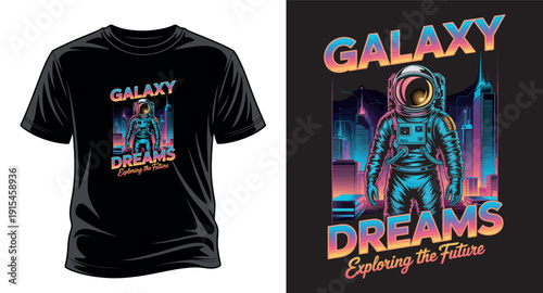 Astronaut standing in a futuristic city with galaxy dreams text, exploring the future concept