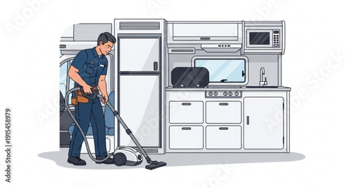 Man in blue uniform vacuuming kitchen floor with refrigerator and appliances
