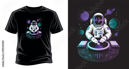 Astronaut DJ playing music on turntables in outer space with planets and stars