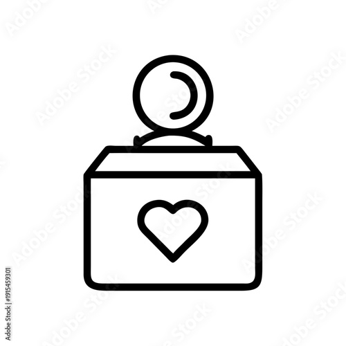 This is a vector graphic of a donation box with a heart on it, designed in a minimalist and flat style. The icon represents charity, kindness, and generosity, and can be used to symbolize 
