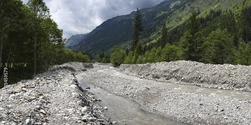 Illegal stream straightening in a nature reserve, Rappenalpbach in the Rappenalptal valley near Oberstdorf, Allgäu Alps, Allgäu, Bavaria, Germany