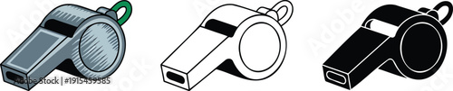 Referee whistle silhouette & Outline and illustration set isolated on transparent background