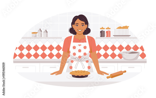 A smiling woman in a colorful apron preparing a pie in a modern kitchen with a vibrant and playful atmosphere