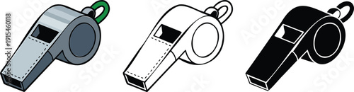 Referee whistle silhouette & Outline and illustration set isolated on transparent background