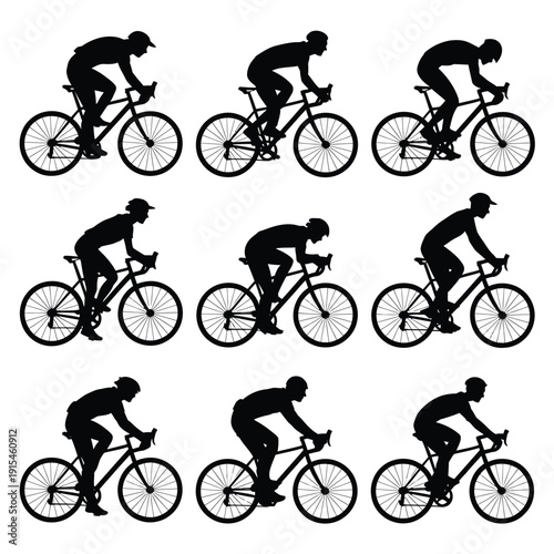 Silhouettes of cyclists in varying riding positions on bicycles