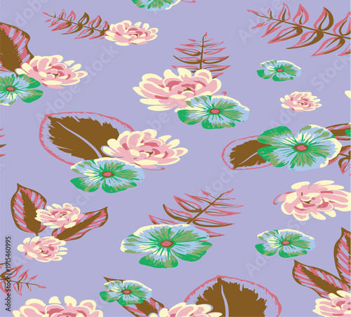 Big flowers pattern, upscale floral pattern. graphical textures floral, trendy colors pattern , flowers background with leaves. vector illustration.