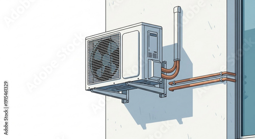 Air conditioning unit installed on a wall with copper pipes and tubing for efficient cooling
