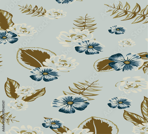 Big flowers pattern, upscale floral pattern. graphical textures floral, trendy colors pattern , flowers background with leaves. vector illustration.