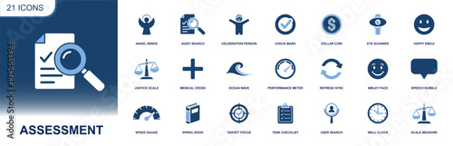 Assessment icon set. Containing audit search, checklist, check mark, performance meter, target focus, user search, clock, refresh, scale measure, feedback and more. Solid fill vector icons collection.