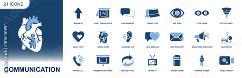 Communication icon set. Containing chat bubbles, phone call, mail envelope, megaphone, video camera, presentation board, listening ear, message, eye scan and more. Solid fill vector icons collection.