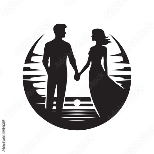 sunset couple vector silhouette line art logo concept illustration
