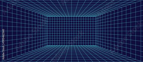 Abstract 3D wireframe cube with blue grid lines on dark background, combining scientific visualization and modern digital art for technology, design, and education concepts.