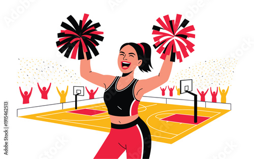 A vibrant illustration of a cheerleader in action on a basketball court with a crowd of enthusiastic fans cheering her on