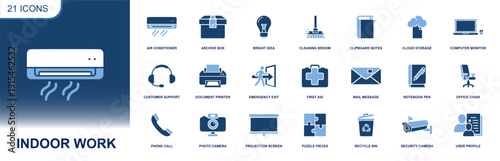 Indoor work icon set. Containing air conditioner, printer, clipboard notes, office chair, customer support, mail, cloud storage, security camera, recycle bin and more. Solid fill vector icons collecti