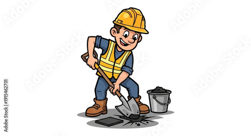 Cartoon Construction Worker Digging Ground.