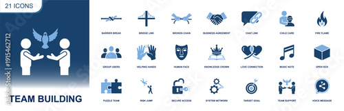 Team building icon set. Containing group users, helping hands, business agreement, chat link, puzzle team, target goal, support, trust, connection and more. Solid fill vector icons collection.