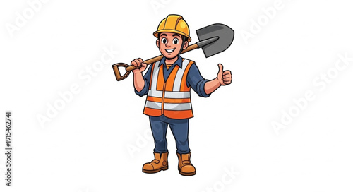 Cartoon Construction Worker with Shovel.