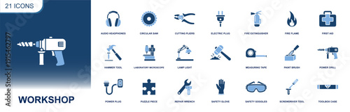 Workshop icon set. Containing power drill, circular saw, pliers, screwdriver, hammer, measuring tape, toolbox, safety goggles, gloves and more. Solid fill vector icons collection.