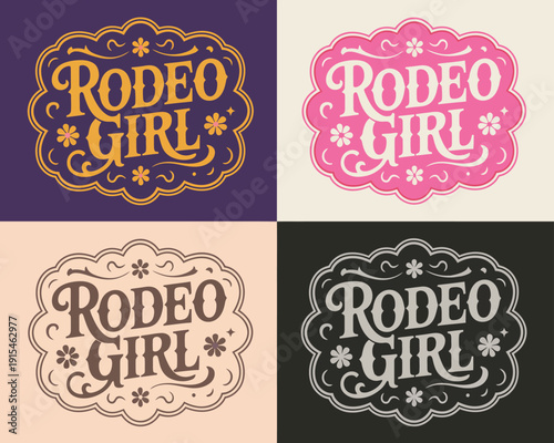 Girl Rodeo Classic American Old West Medal and Typographic Emblem Vector Label with Belt Buckle Design.