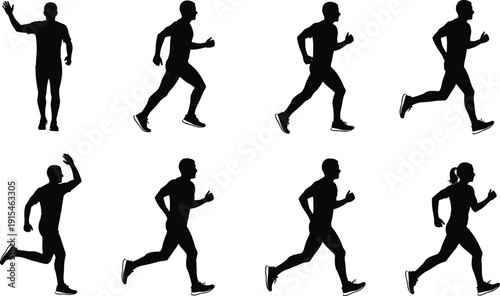 Set of male and female running silhouettes in different jogging poses isolated on white background for fitness and sport design
