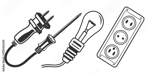A collection of electrical outlets, plugs, and a light bulb. Vector