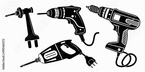 A variety of power tools including drills and screwdrivers in black and white Vector