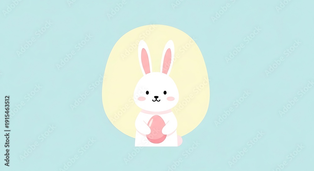 Fototapeta premium Easter day celebration with happy white bunny holding pink egg on light blue background
