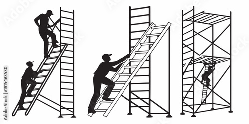 A man climbing up a series of ladders against a wall Vector
