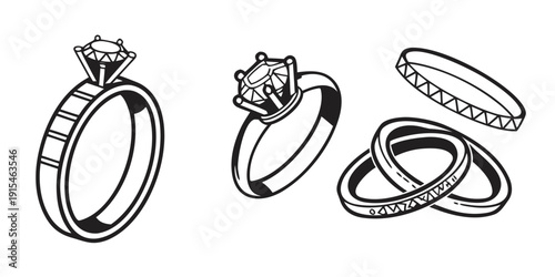 A collection of elegant rings showcasing various designs and gemstone settings. Vector