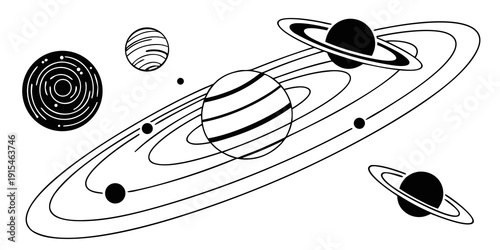 A detailed black and white illustration of a solar system with planets and asteroids Vector