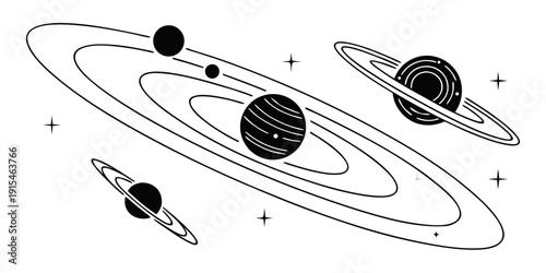 A detailed illustration of the solar system with planets orbiting the sun. Vector