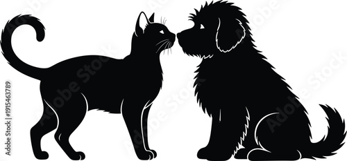 Black vector silhouette of a friendly cat and a fluffy dog sitting face to face for pet shop branding animal clinic and companionship design