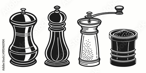 Four different types of salt and pepper grinders and mills Vector