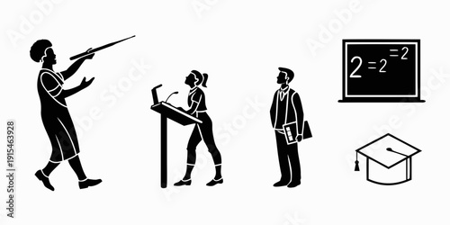 A teacher instructs students in front of a blackboard with a mathematical equation. Vector