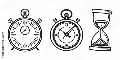 A collection of vintage timepieces including clocks and an hourglass Vector