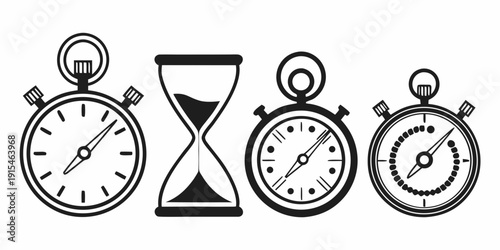 Four stopwatches and an hourglass symbolizing the passage of time and urgency. Vector