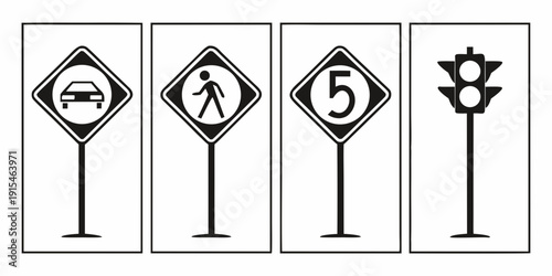 Four different street signs indicating various traffic rules and pedestrian crossings. Vector