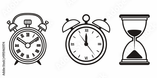 A variety of timekeeping devices including an alarm clock, an alarm watch, and an hourglass. Vector