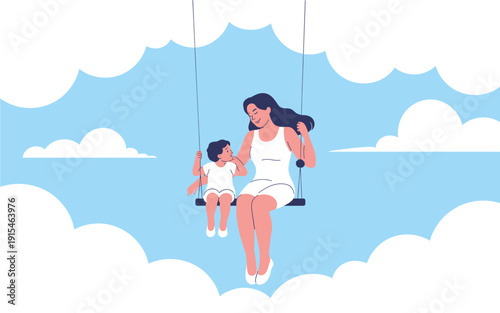 A mother and child enjoy a joyful moment together on a swing surrounded by fluffy white clouds in a serene blue sky