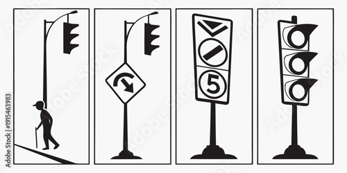 Illustrations of various traffic signs and signals for pedestrian and vehicular guidance. Vector