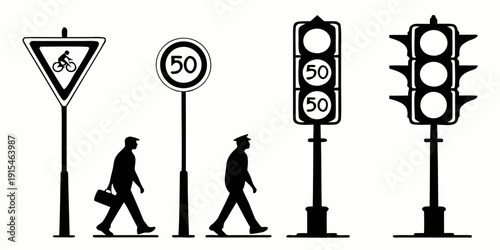 Pedestrians and traffic signals in an urban setting with various road signs and signals. Vector