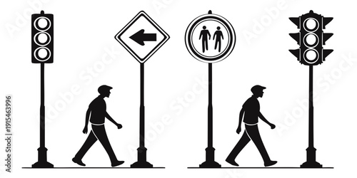 Pedestrians navigating through various traffic signs and signals at an intersection Vector