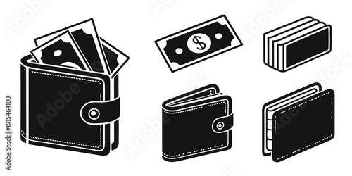 A variety of wallets and money items displayed on a surface. Vector