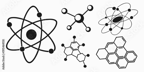 A collection of various atomic and molecular structures in a scientific illustration Vector