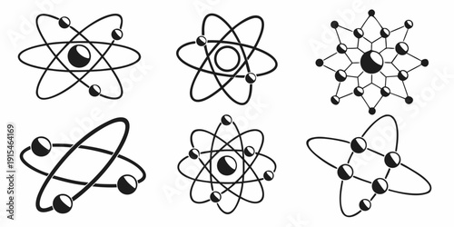 Six unique and intricate atomic models showcasing different scientific concepts. Vector