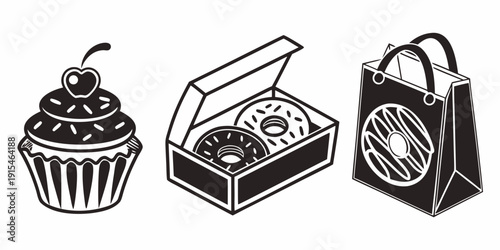 A delightful assortment of desserts including a cupcake, a box of donuts, and a cake Vector