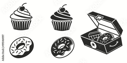 An assortment of delicious pastries and desserts displayed on a tray. Vector