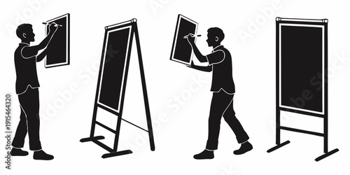 A person is seen carrying and setting up a whiteboard in an office setting. Vector