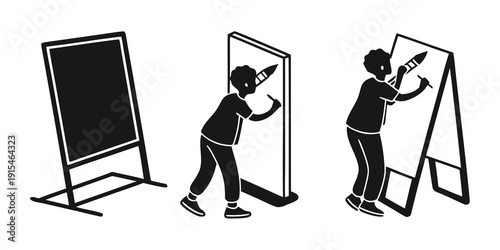 Three individuals painting on different types of easels with various painting tools Vector