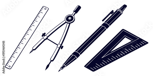 Assorted drawing tools including ruler, compass, protractor, and set squares Vector